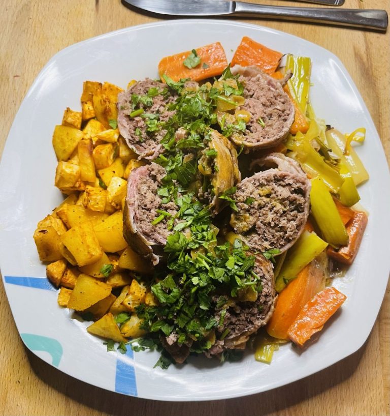 Beef meatloaf with diced celery and leek