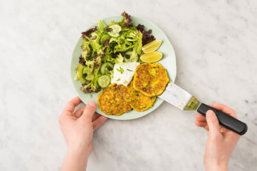 Zucchini Cheese Fritters With Parsley Dill Dip And Fresh Salad.